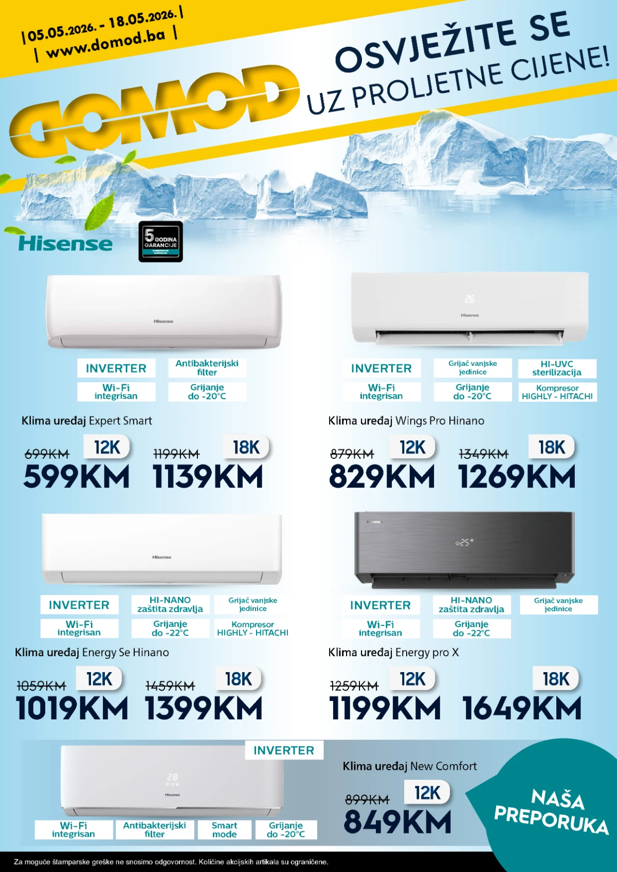 DOMOD katalog sniženja do 18.05.2026 klima uređaji od 499 KM televizori bijela tehnika akcija