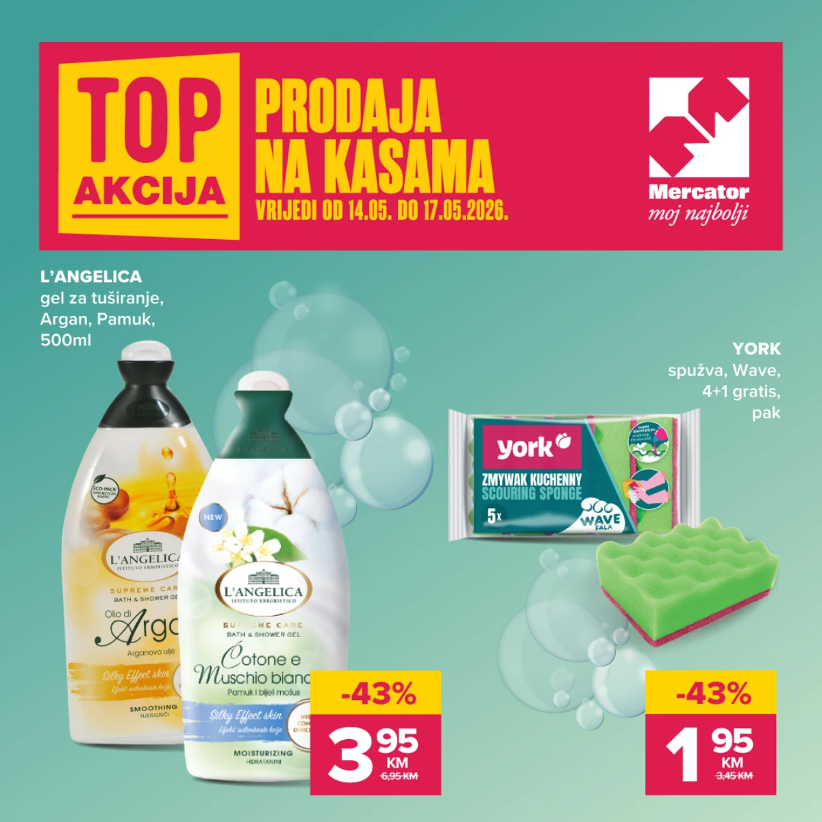 Mercator i Konzum akcija na kasama L'Angelica gelovi 3,95 KM i YORK spužve 1,95 KM katalog