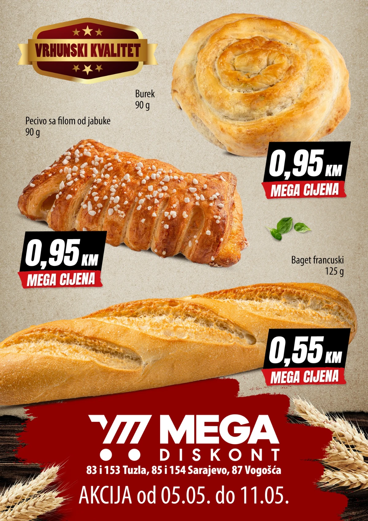 Mega Diskont pekara akcija – burek, pecivo sa jabukom i baget po cijeni od 0,55 KM do 11.05.2026