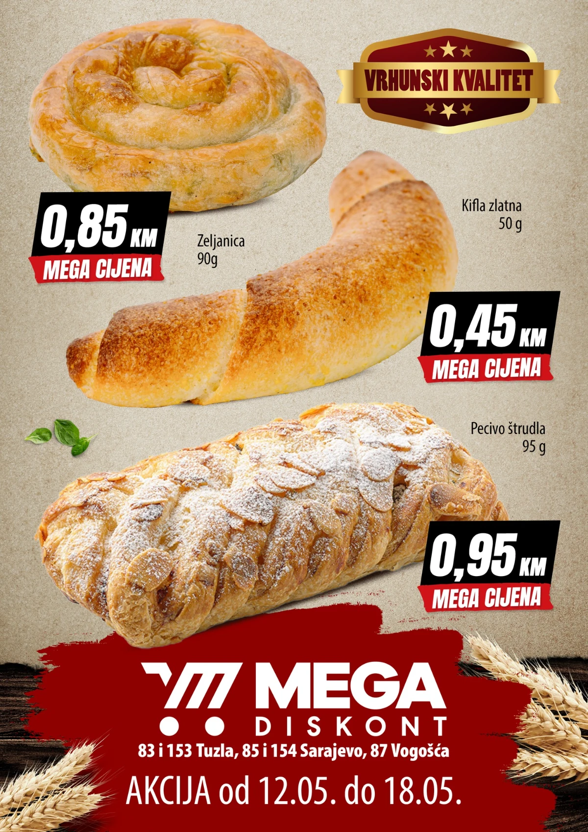 Mega Diskont pekara akcija maj 2026 – kifla 0,45 KM, zeljanica 0,85 KM i štrudla 0,95 KM