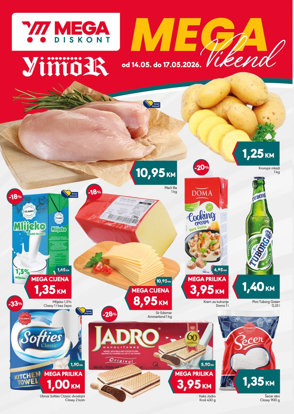 Mega Diskont i Yimor vikend akcija 14-17.05.2026 – pileći file 10,95 KM, mlijeko 1,35 KM, Edamer 8,95 KM i krompir 1,25 KM