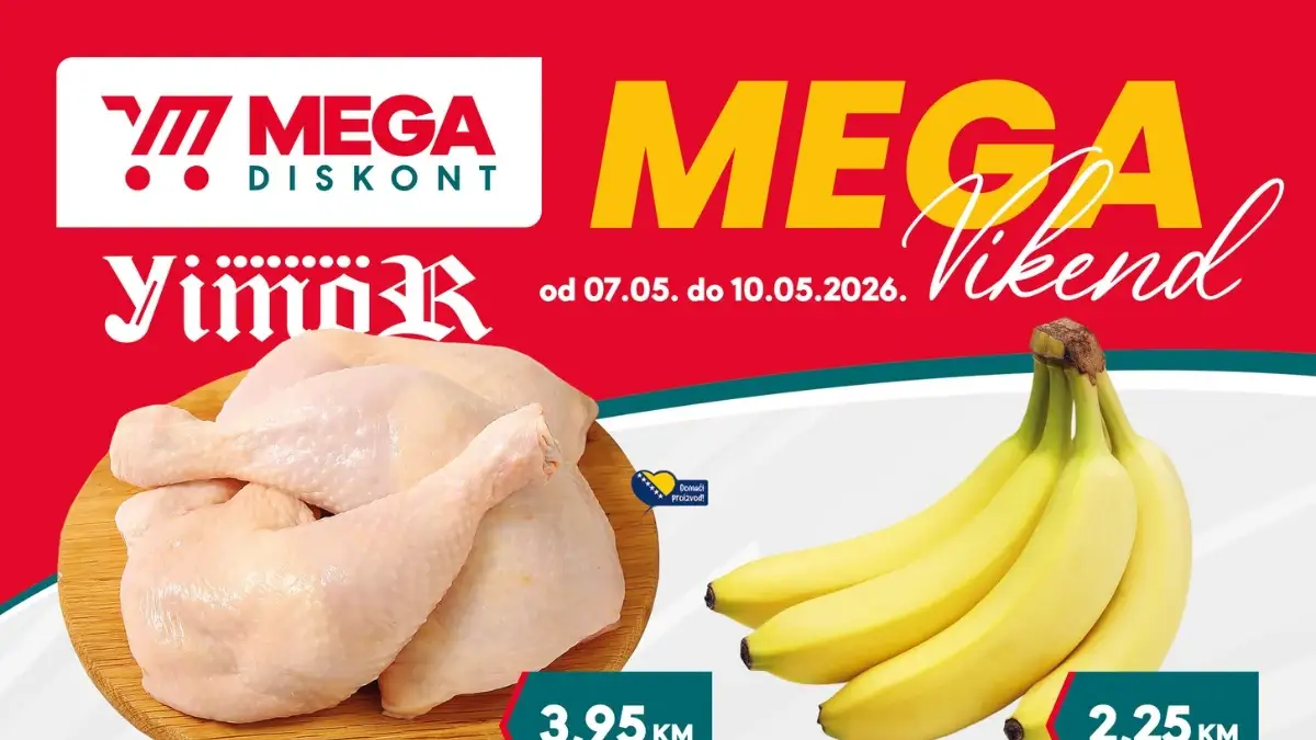 Mega Diskont i Yimor vikend akcija – batak 3,95 KM, banana 2,25 KM, mlijeko 1,45 KM i vikend sniženja do 10.05.2026